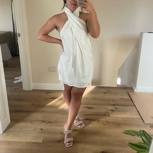 Show Me Your Mumu Jasmine Halter Mini Ivory White Luxe Satin Drapey Dress Sz XS